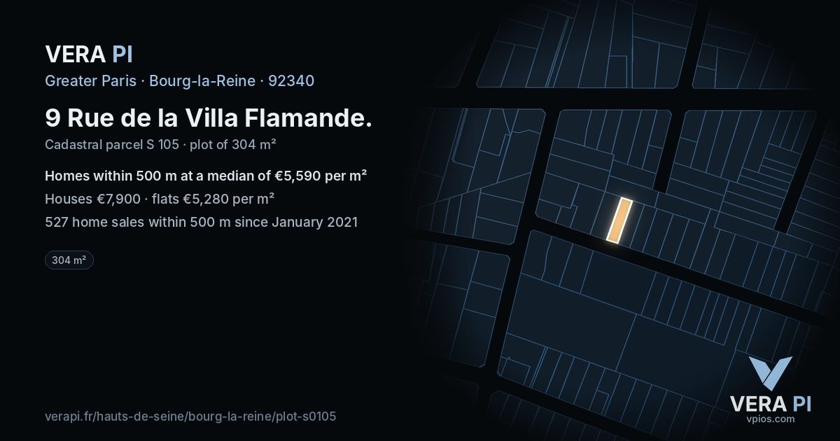 9 Rue de la Villa Flamande, Bourg-la-Reine at night – the plot lit, the parcels around coloured by the prices near them