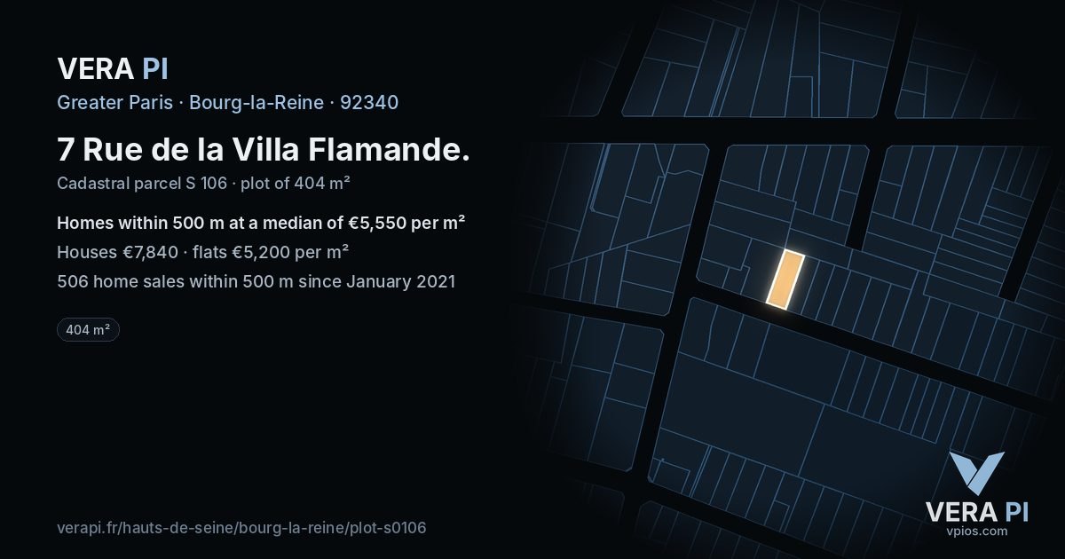 7 Rue de la Villa Flamande, Bourg-la-Reine at night – the plot lit, the parcels around coloured by the prices near them