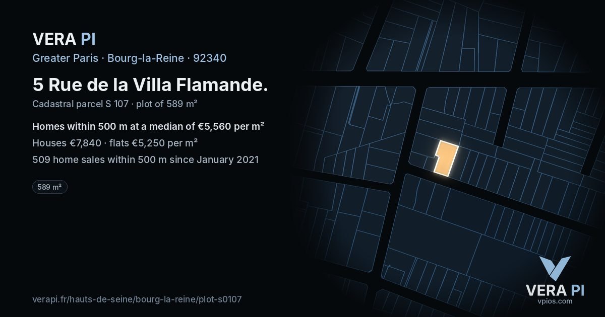 5 Rue de la Villa Flamande, Bourg-la-Reine at night – the plot lit, the parcels around coloured by the prices near them