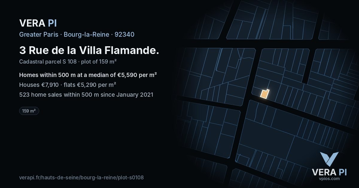 3 Rue de la Villa Flamande, Bourg-la-Reine at night – the plot lit, the parcels around coloured by the prices near them