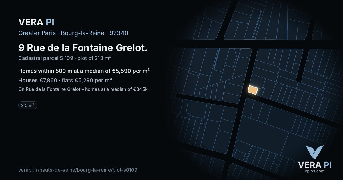 9 Rue de la Fontaine Grelot, Bourg-la-Reine at night – the plot lit, the parcels around coloured by the prices near them