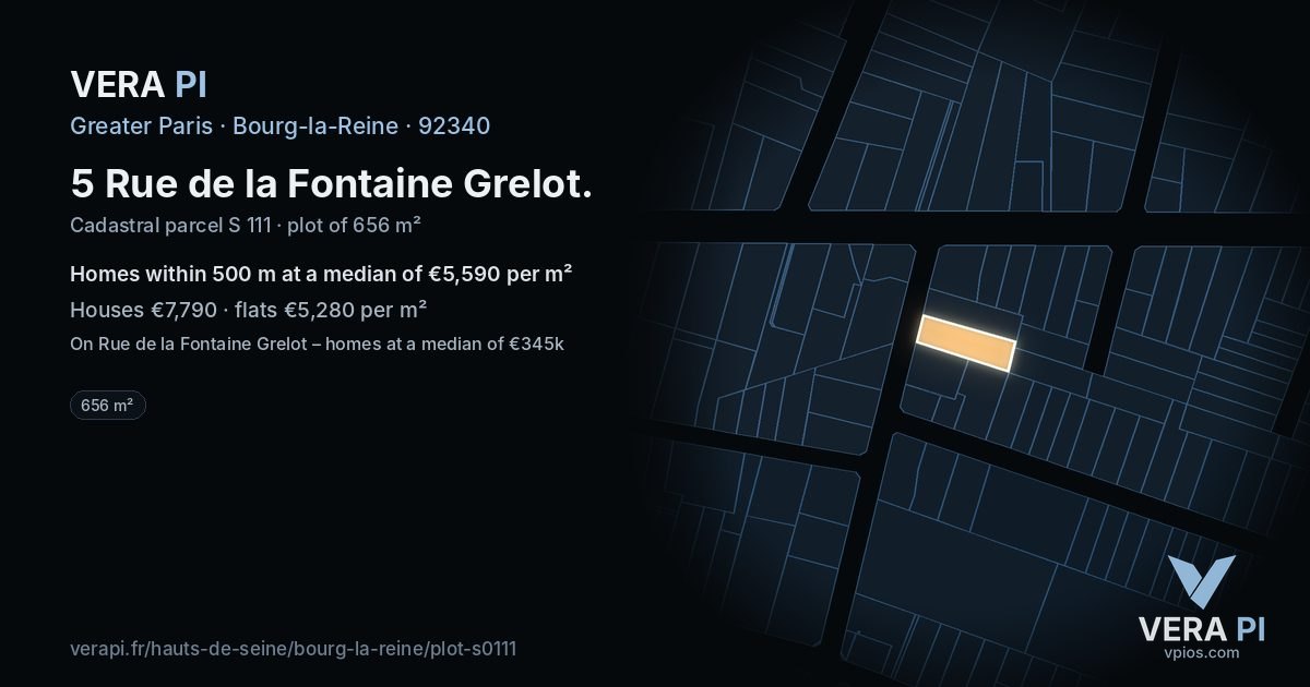 5 Rue de la Fontaine Grelot, Bourg-la-Reine at night – the plot lit, the parcels around coloured by the prices near them