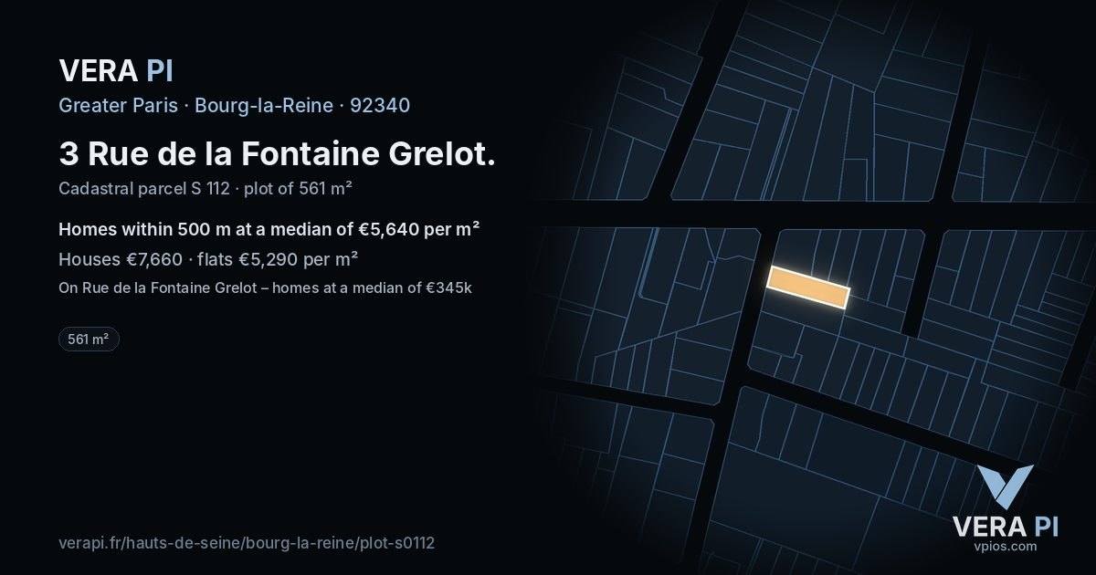 3 Rue de la Fontaine Grelot, Bourg-la-Reine at night – the plot lit, the parcels around coloured by the prices near them