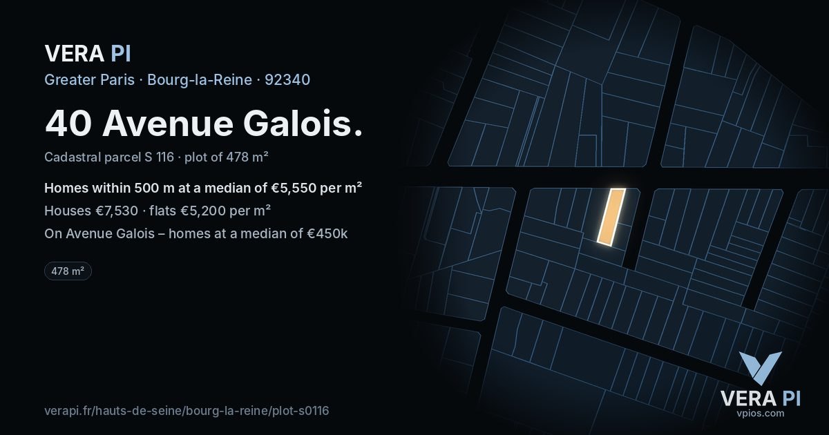 40 Avenue Galois, Bourg-la-Reine at night – the plot lit, the parcels around coloured by the prices near them