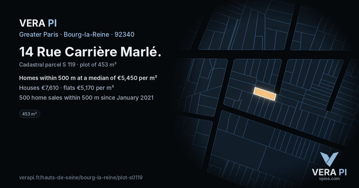 14 Rue Carrière Marlé, Bourg-la-Reine at night – the plot lit, the parcels around coloured by the prices near them