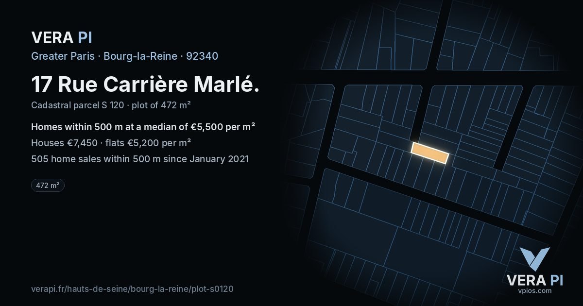 17 Rue Carrière Marlé, Bourg-la-Reine at night – the plot lit, the parcels around coloured by the prices near them