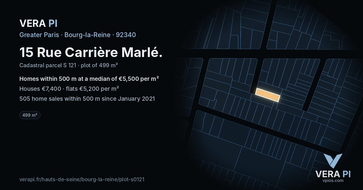 15 Rue Carrière Marlé, Bourg-la-Reine at night – the plot lit, the parcels around coloured by the prices near them