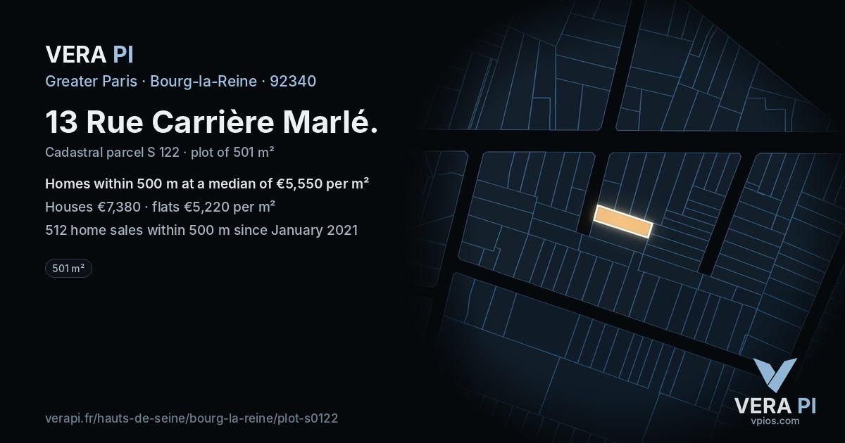 13 Rue Carrière Marlé, Bourg-la-Reine at night – the plot lit, the parcels around coloured by the prices near them