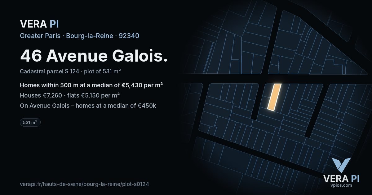 46 Avenue Galois, Bourg-la-Reine at night – the plot lit, the parcels around coloured by the prices near them