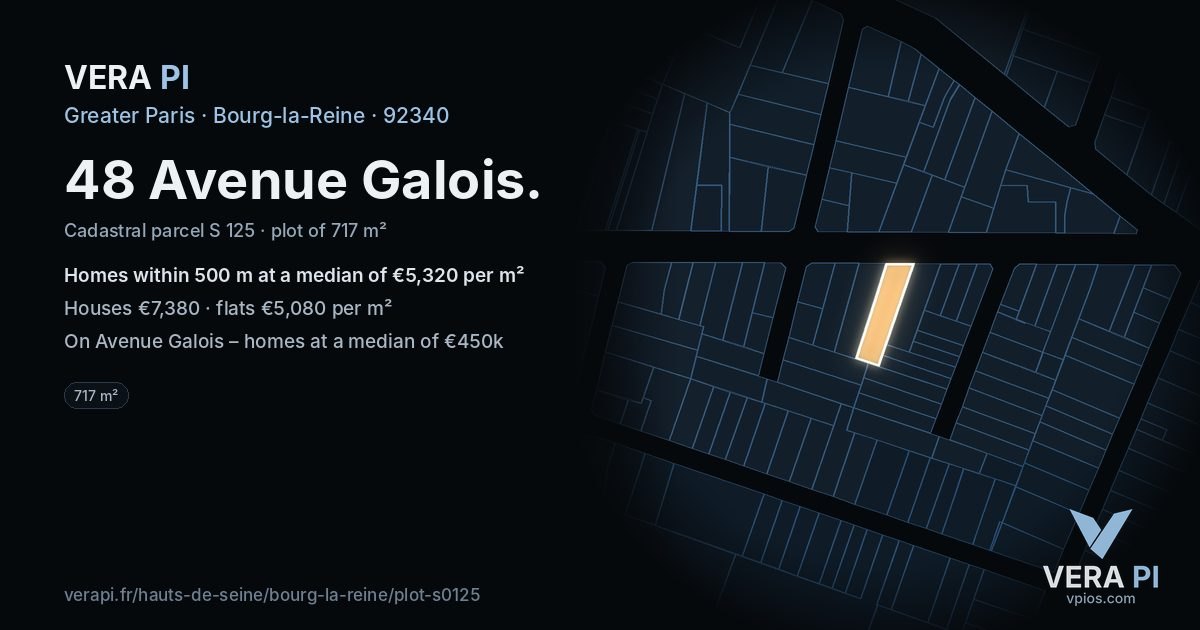 48 Avenue Galois, Bourg-la-Reine at night – the plot lit, the parcels around coloured by the prices near them
