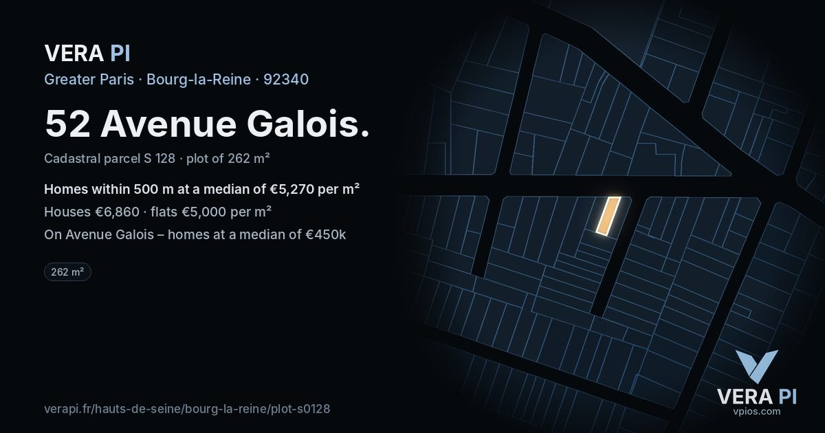 52 Avenue Galois, Bourg-la-Reine at night – the plot lit, the parcels around coloured by the prices near them