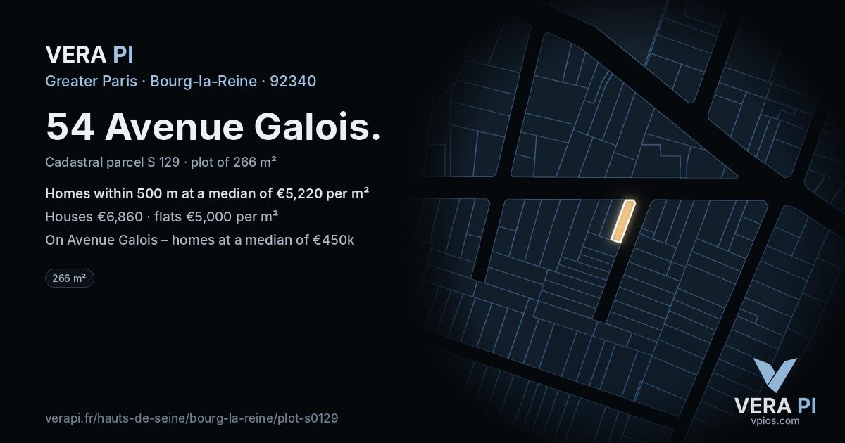 54 Avenue Galois, Bourg-la-Reine at night – the plot lit, the parcels around coloured by the prices near them