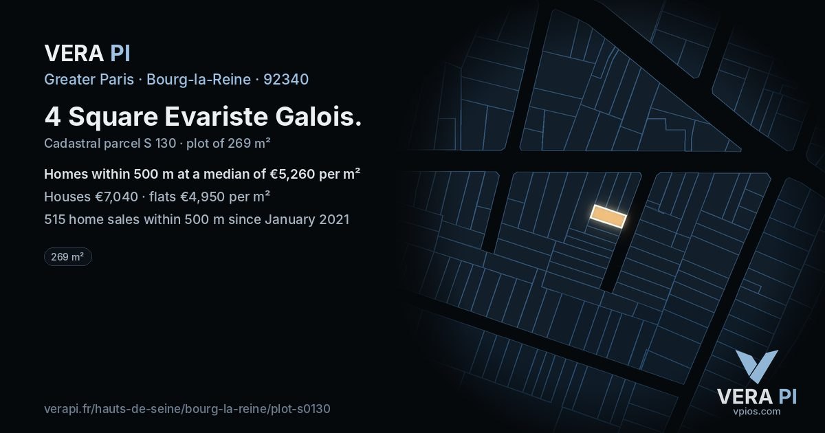 4 Square Evariste Galois, Bourg-la-Reine at night – the plot lit, the parcels around coloured by the prices near them