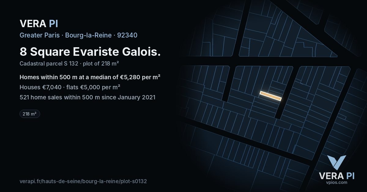 8 Square Evariste Galois, Bourg-la-Reine at night – the plot lit, the parcels around coloured by the prices near them