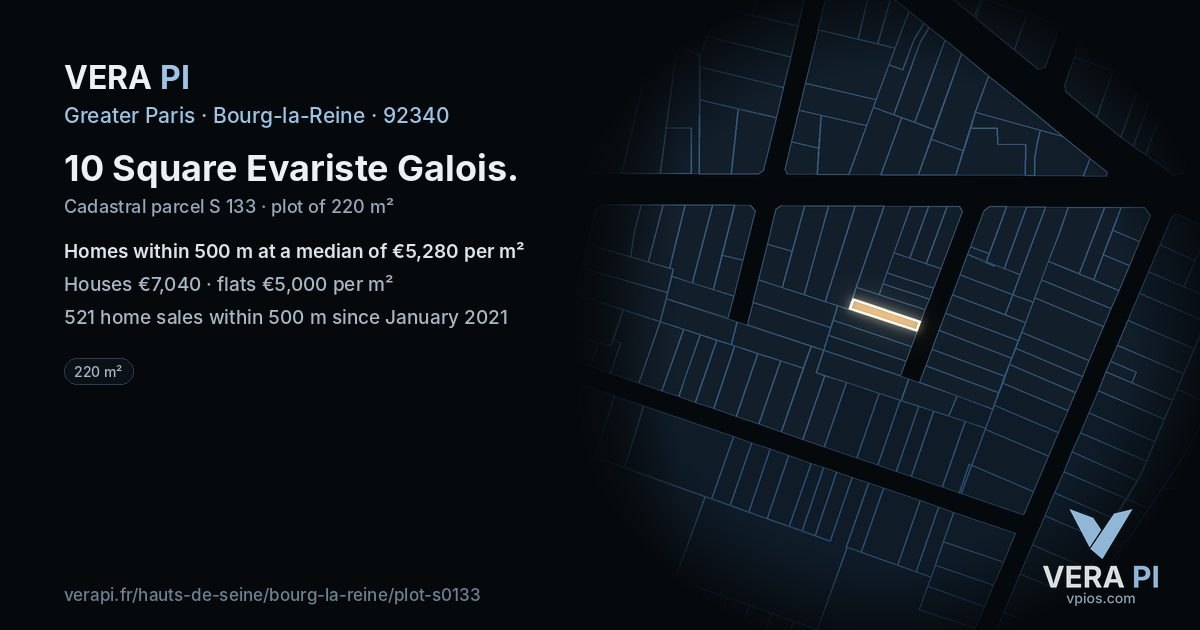 10 Square Evariste Galois, Bourg-la-Reine at night – the plot lit, the parcels around coloured by the prices near them