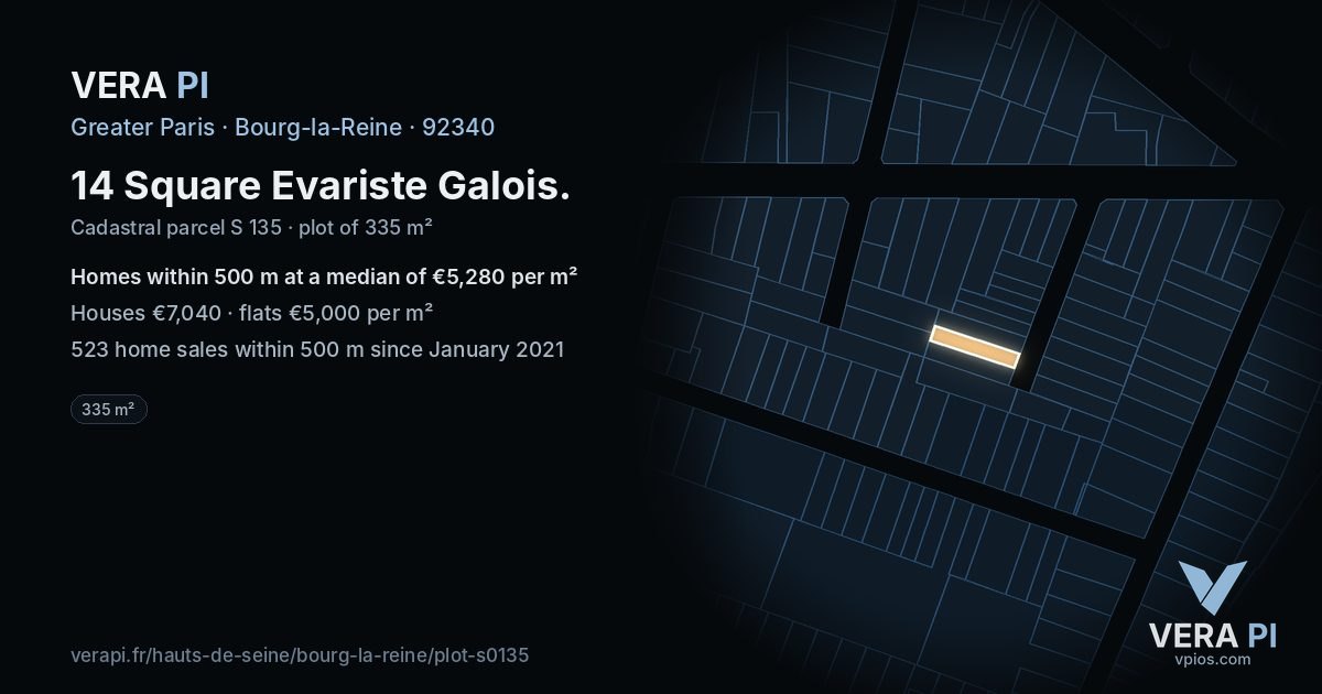 14 Square Evariste Galois, Bourg-la-Reine at night – the plot lit, the parcels around coloured by the prices near them