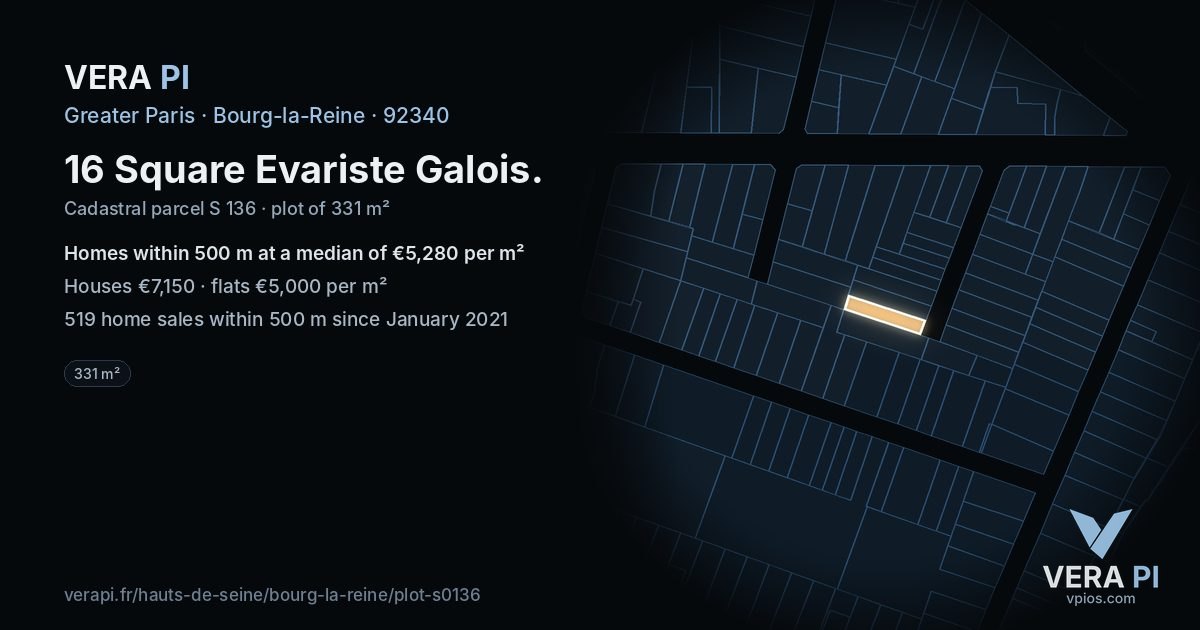 16 Square Evariste Galois, Bourg-la-Reine at night – the plot lit, the parcels around coloured by the prices near them
