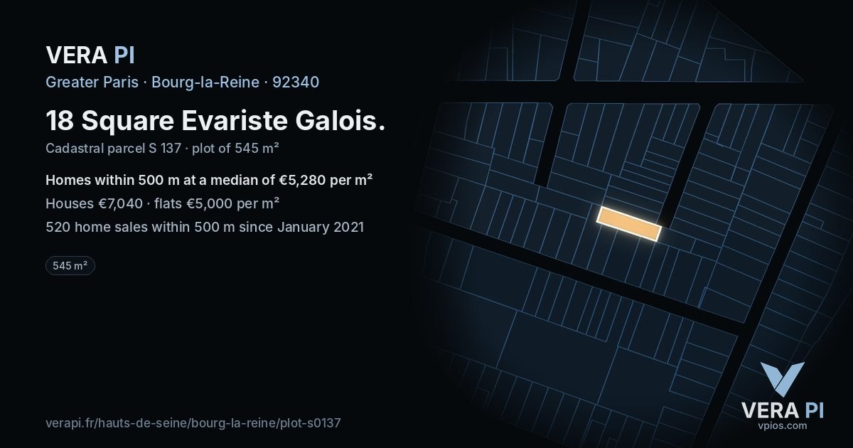 18 Square Evariste Galois, Bourg-la-Reine at night – the plot lit, the parcels around coloured by the prices near them