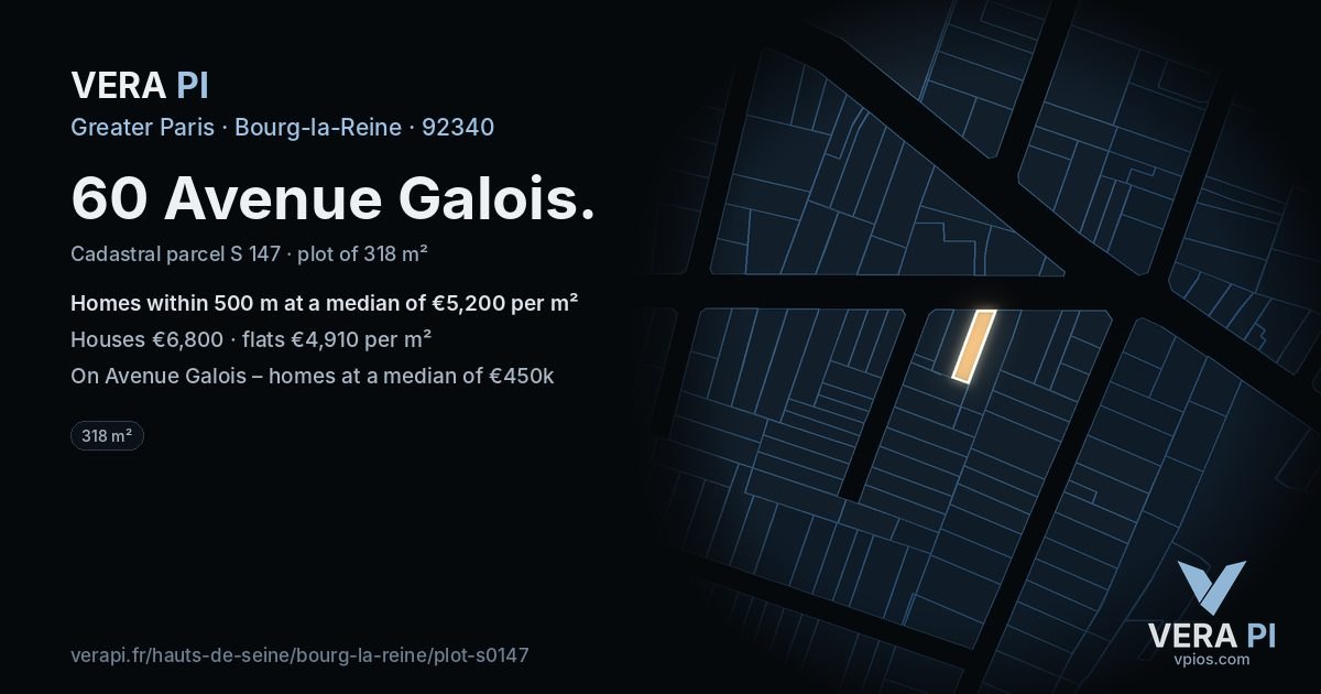 60 Avenue Galois, Bourg-la-Reine at night – the plot lit, the parcels around coloured by the prices near them