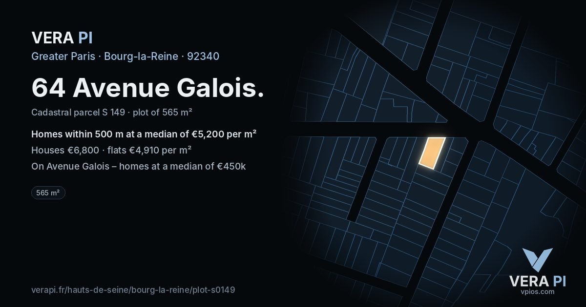 64 Avenue Galois, Bourg-la-Reine at night – the plot lit, the parcels around coloured by the prices near them