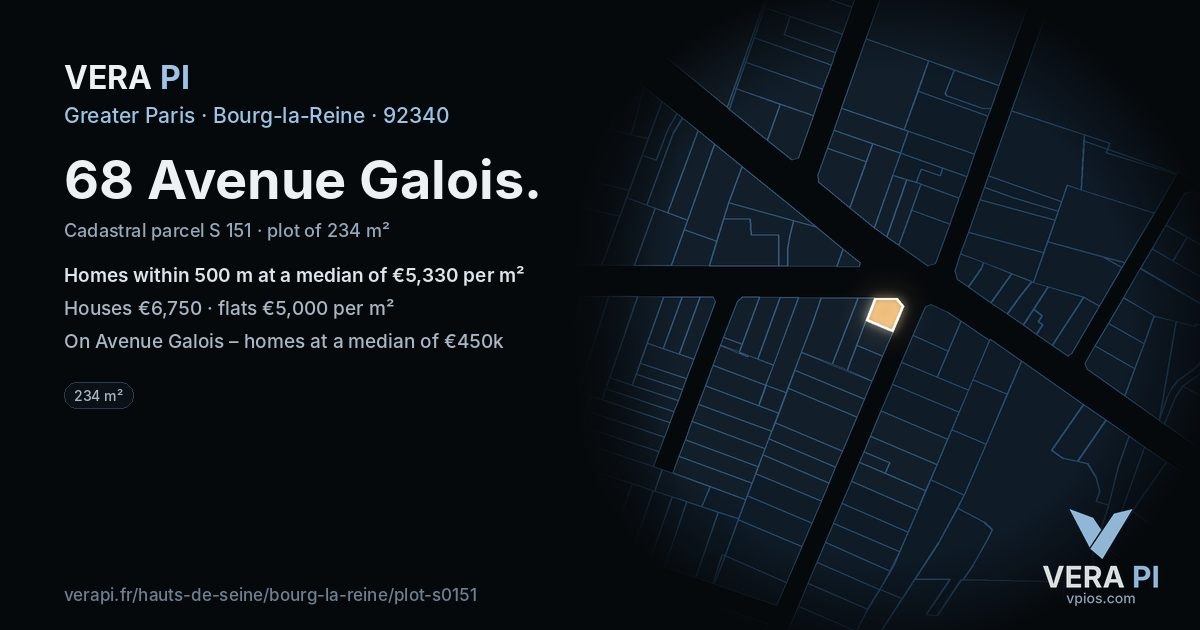 68 Avenue Galois, Bourg-la-Reine at night – the plot lit, the parcels around coloured by the prices near them