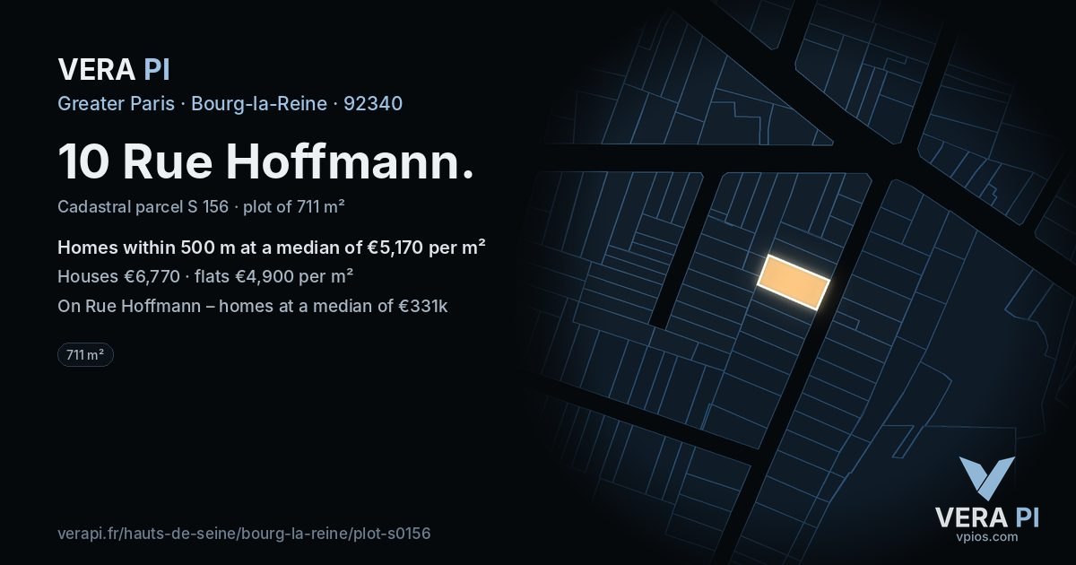 10 Rue Hoffmann, Bourg-la-Reine at night – the plot lit, the parcels around coloured by the prices near them