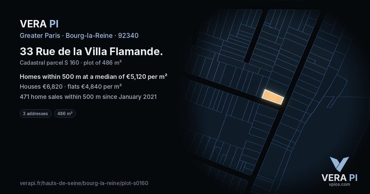 33 Rue de la Villa Flamande, Bourg-la-Reine at night – the plot lit, the parcels around coloured by the prices near them