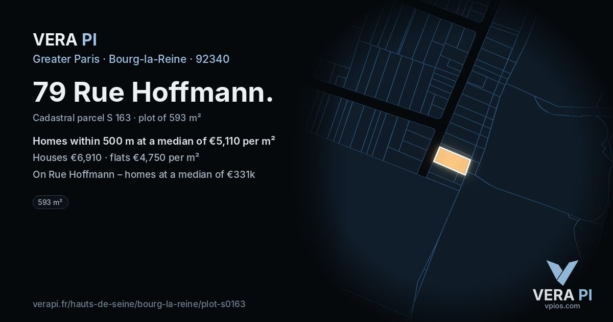 79 Rue Hoffmann, Bourg-la-Reine at night – the plot lit, the parcels around coloured by the prices near them