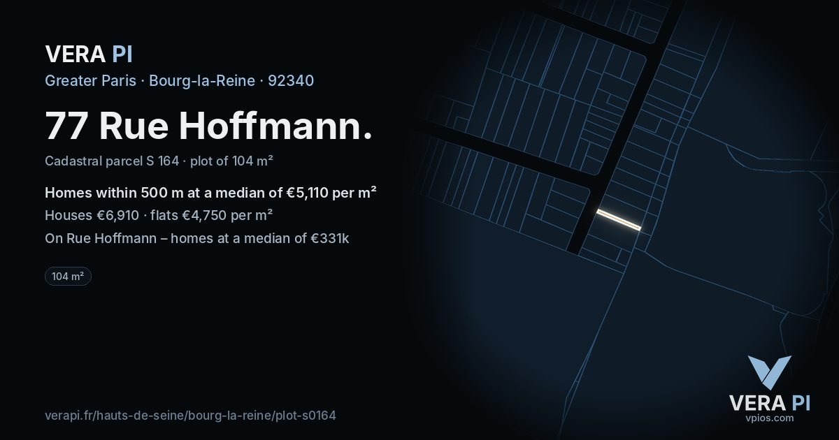 77 Rue Hoffmann, Bourg-la-Reine at night – the plot lit, the parcels around coloured by the prices near them