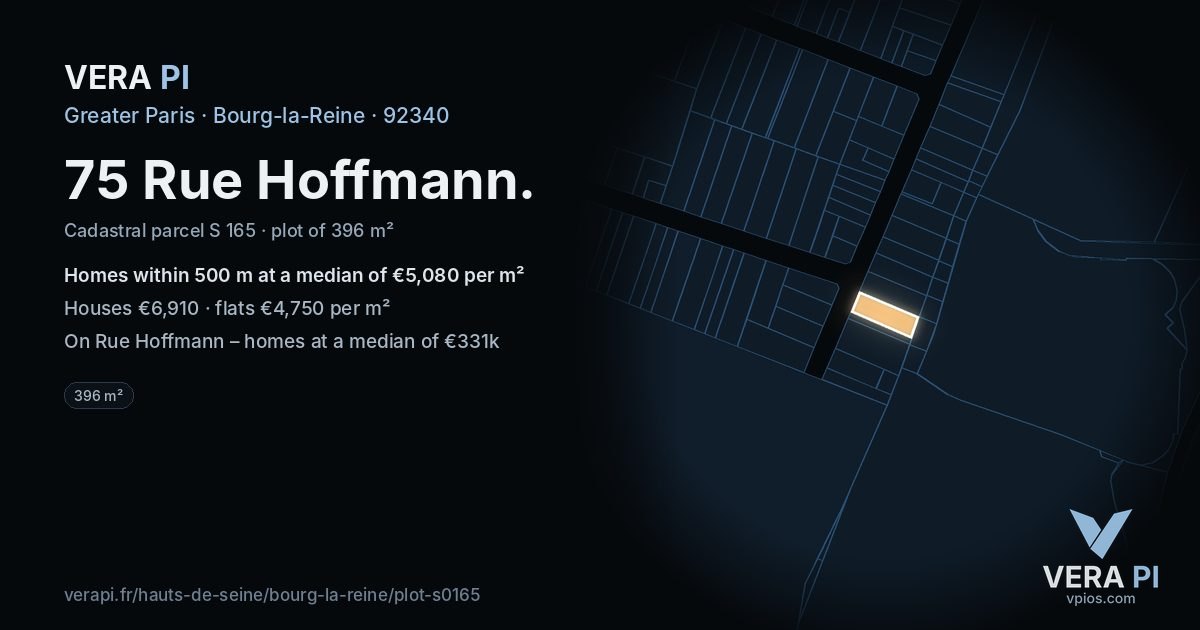 75 Rue Hoffmann, Bourg-la-Reine at night – the plot lit, the parcels around coloured by the prices near them