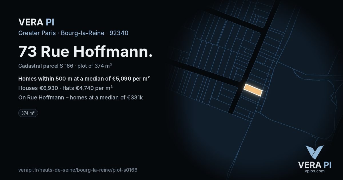 73 Rue Hoffmann, Bourg-la-Reine at night – the plot lit, the parcels around coloured by the prices near them