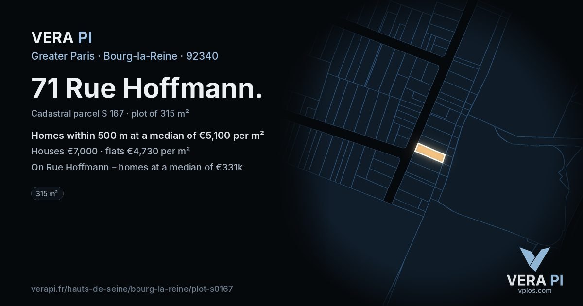 71 Rue Hoffmann, Bourg-la-Reine at night – the plot lit, the parcels around coloured by the prices near them
