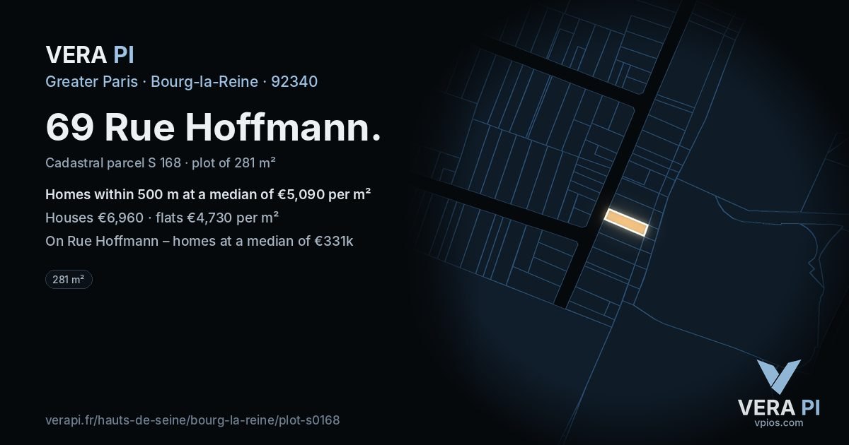 69 Rue Hoffmann, Bourg-la-Reine at night – the plot lit, the parcels around coloured by the prices near them