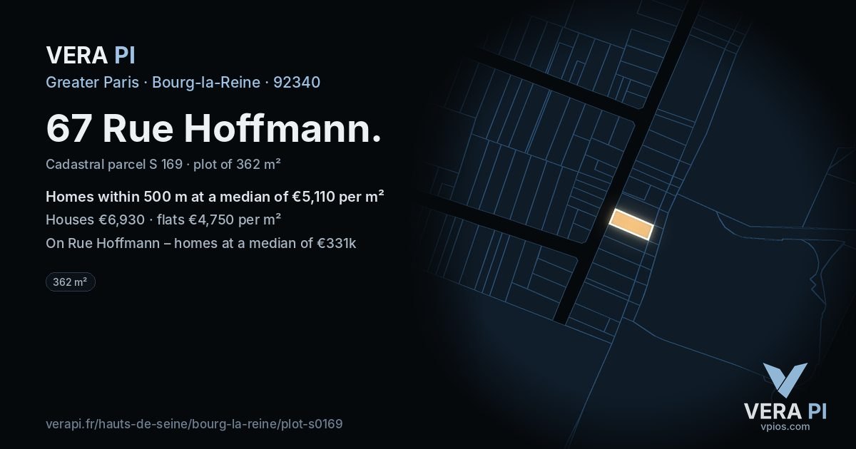 67 Rue Hoffmann, Bourg-la-Reine at night – the plot lit, the parcels around coloured by the prices near them