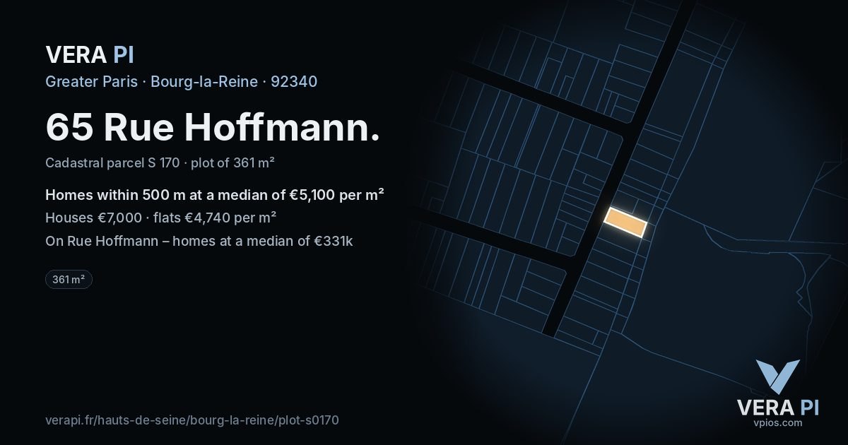 65 Rue Hoffmann, Bourg-la-Reine at night – the plot lit, the parcels around coloured by the prices near them