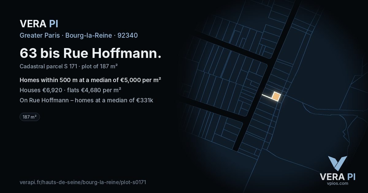 63 bis Rue Hoffmann, Bourg-la-Reine at night – the plot lit, the parcels around coloured by the prices near them