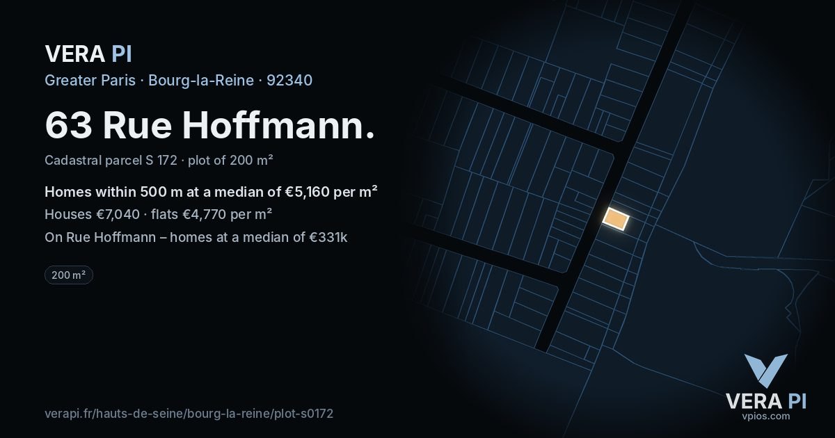 63 Rue Hoffmann, Bourg-la-Reine at night – the plot lit, the parcels around coloured by the prices near them