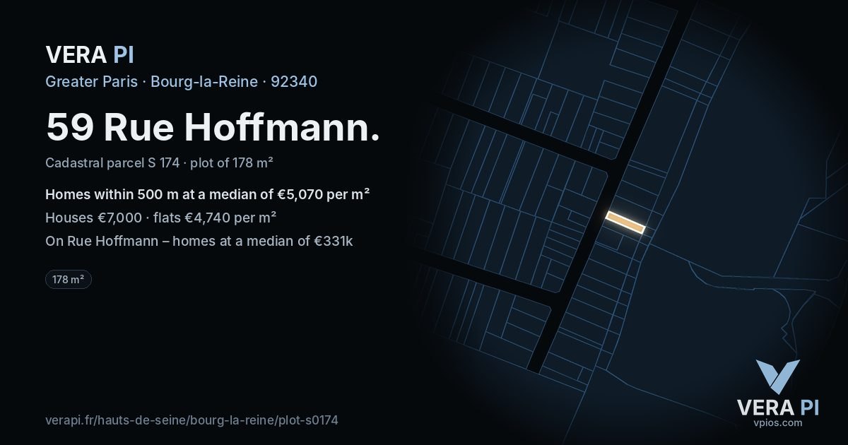59 Rue Hoffmann, Bourg-la-Reine at night – the plot lit, the parcels around coloured by the prices near them