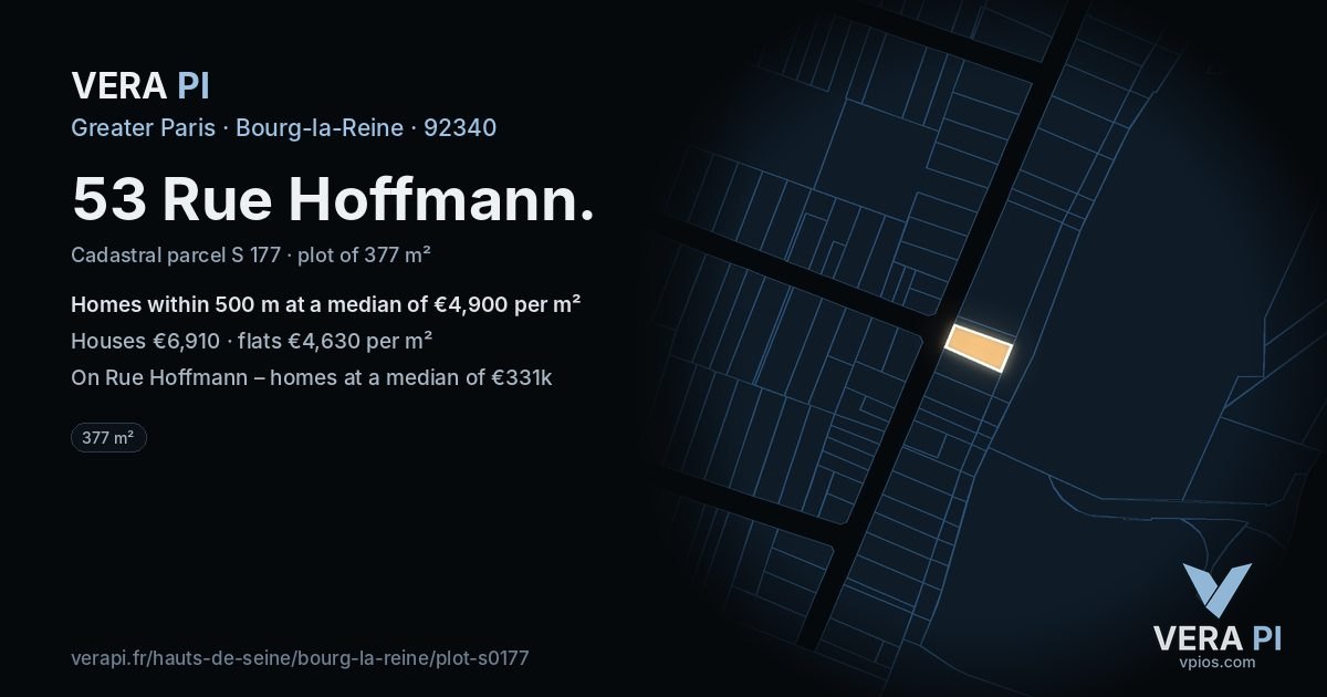 53 Rue Hoffmann, Bourg-la-Reine at night – the plot lit, the parcels around coloured by the prices near them