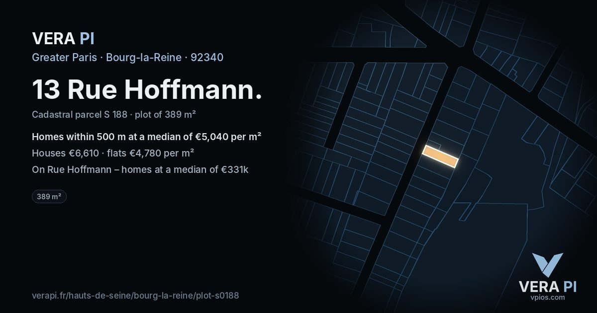 13 Rue Hoffmann, Bourg-la-Reine at night – the plot lit, the parcels around coloured by the prices near them
