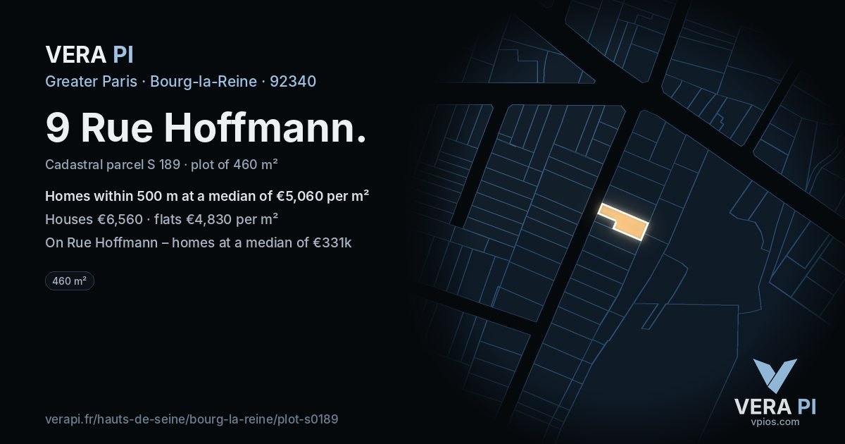 9 Rue Hoffmann, Bourg-la-Reine at night – the plot lit, the parcels around coloured by the prices near them