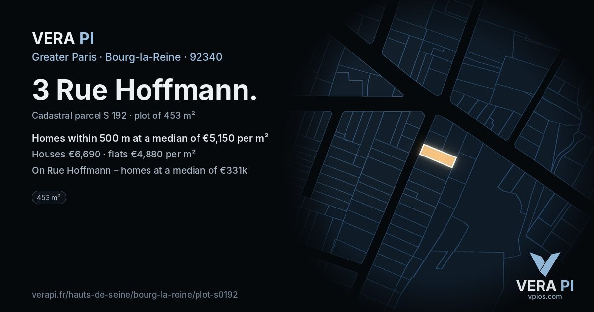 3 Rue Hoffmann, Bourg-la-Reine at night – the plot lit, the parcels around coloured by the prices near them