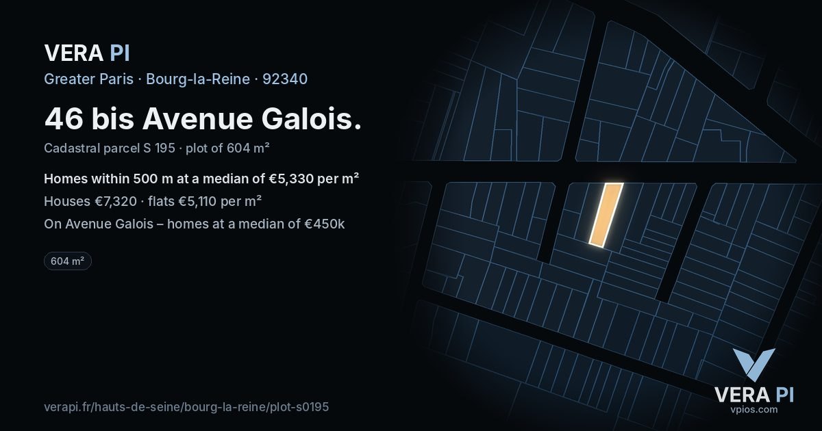 46 bis Avenue Galois, Bourg-la-Reine at night – the plot lit, the parcels around coloured by the prices near them