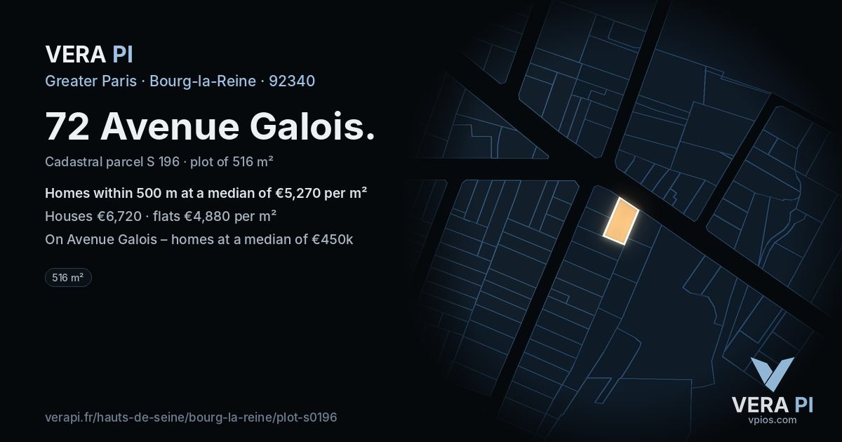 72 Avenue Galois, Bourg-la-Reine at night – the plot lit, the parcels around coloured by the prices near them