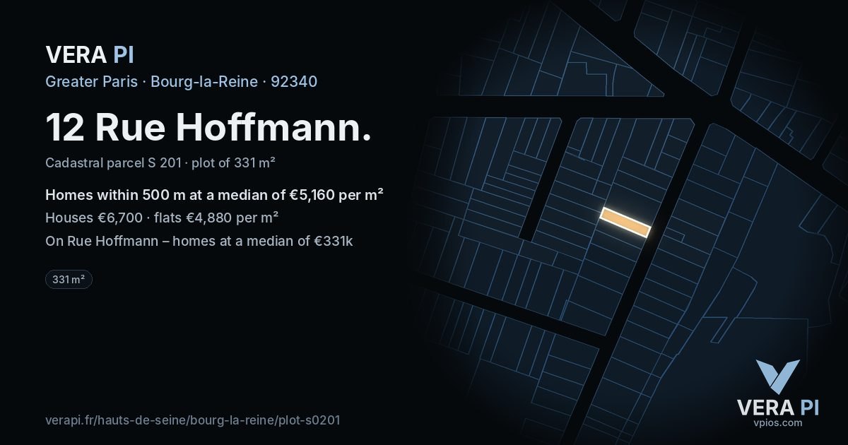 12 Rue Hoffmann, Bourg-la-Reine at night – the plot lit, the parcels around coloured by the prices near them