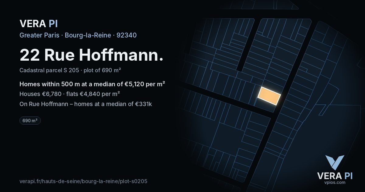 22 Rue Hoffmann, Bourg-la-Reine at night – the plot lit, the parcels around coloured by the prices near them