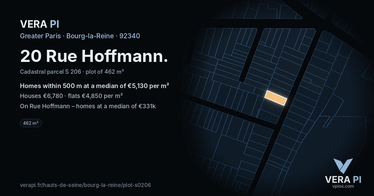 20 Rue Hoffmann, Bourg-la-Reine at night – the plot lit, the parcels around coloured by the prices near them