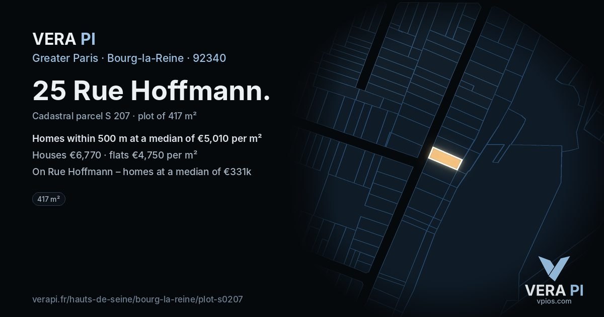 25 Rue Hoffmann, Bourg-la-Reine at night – the plot lit, the parcels around coloured by the prices near them