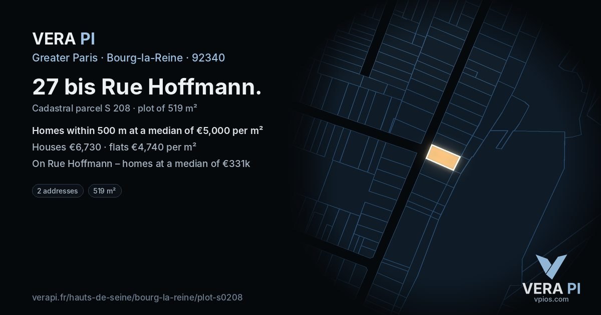 27 bis Rue Hoffmann, Bourg-la-Reine at night – the plot lit, the parcels around coloured by the prices near them