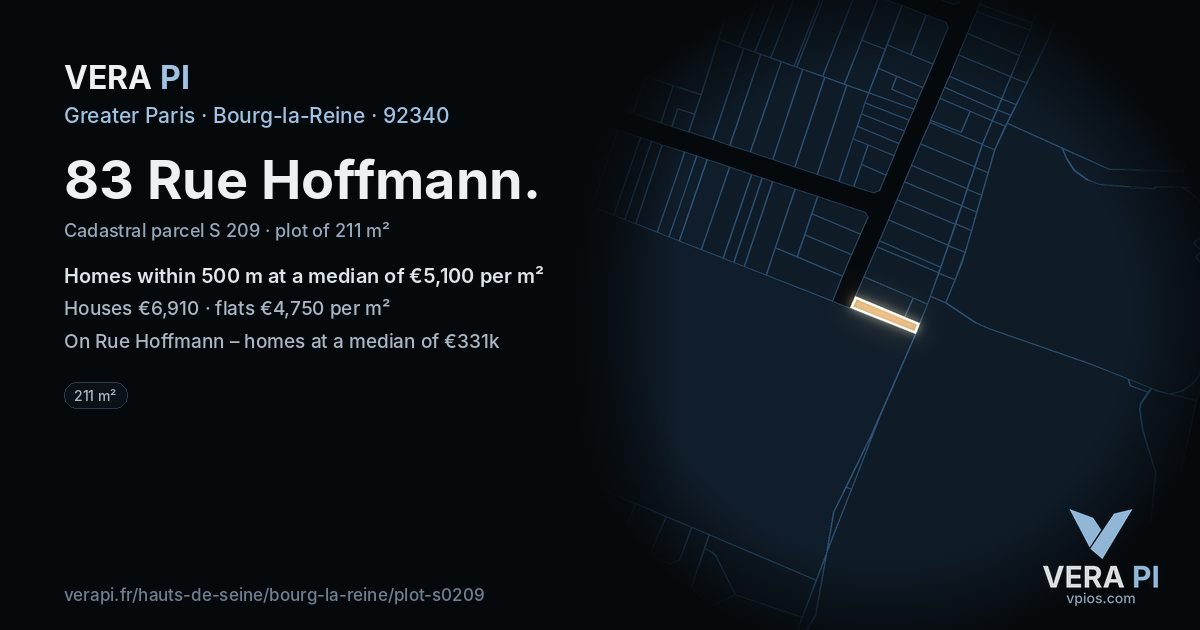 83 Rue Hoffmann, Bourg-la-Reine at night – the plot lit, the parcels around coloured by the prices near them